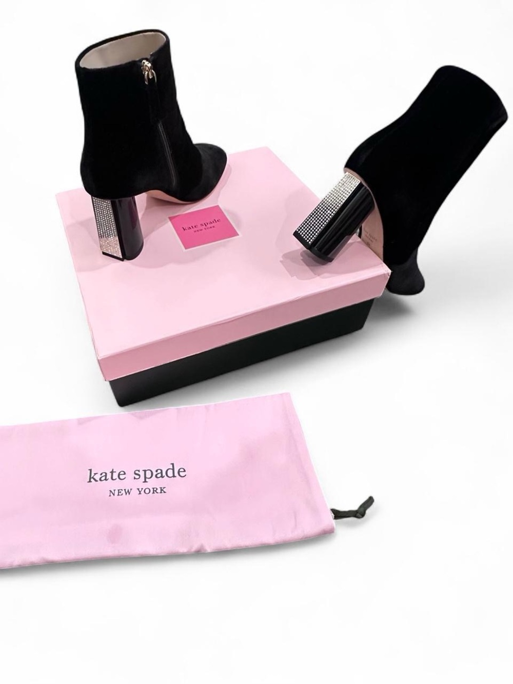Kate Spade Black Velvet Ankle Booties with Crystal-Studded Block Heels - Picture 2 of 12